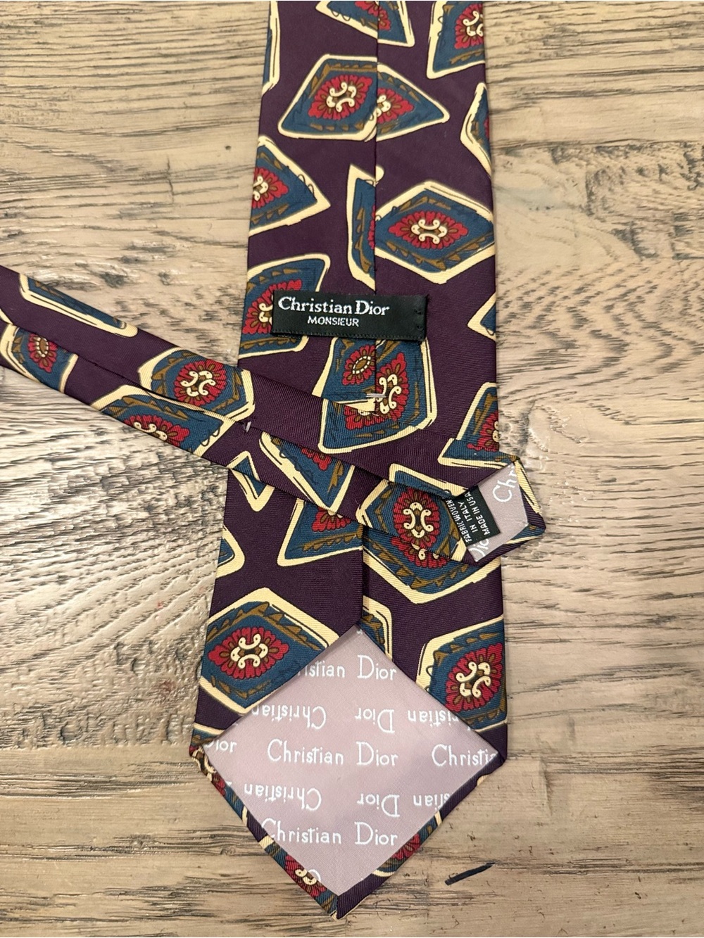 Vintage Dior Burgundy Silk Tie with Blue and Red Medallions